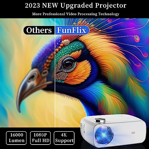 FunFlix Beamer 2.4G&5G Full HD Heimkino Video Beamer Native 1080P Unterstützung 4K Mini Projektor mit 16000 Lumen Kompatibel HDMI/USB/PC/TV-Box/iOS und Android